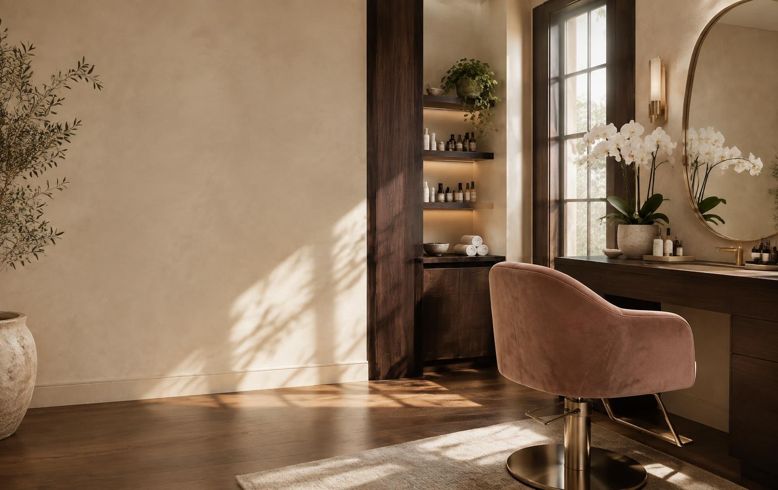 Warm, sunlit beauty studio with a treatment chair